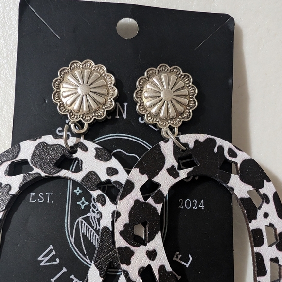 Black and White Cow Print Earrings - Picture 3 of 6